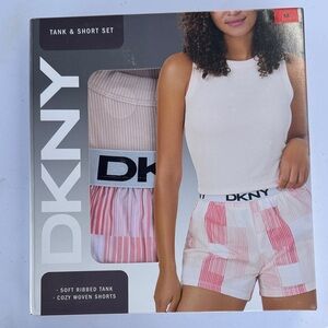 DKNY White Ribbed Tank with Pink & White Checked Shorts Set